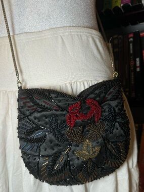 Black beaded floral clutch bag with chain strap